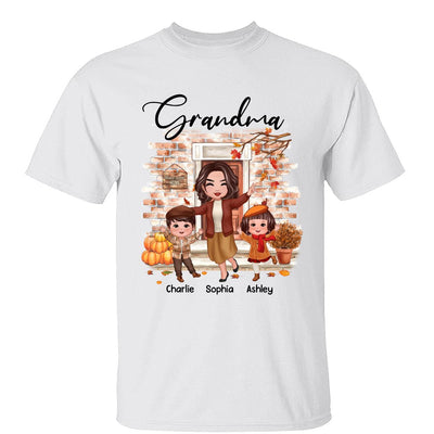 Fall Season Happy Doll Grandma And Grandkids At Front Door Personalized Shirt