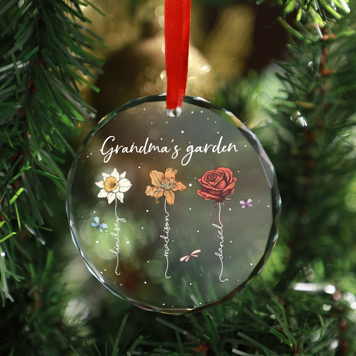 Grandma's Garden Personalized Glass Ornament, Christmas Gift For Grandma Granddaughter Grandson