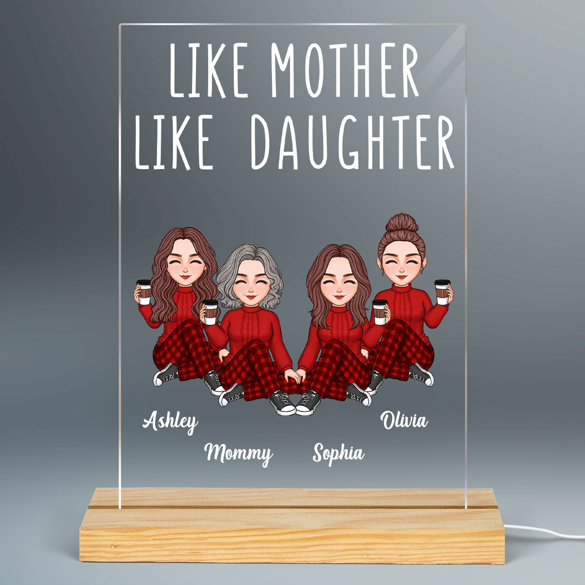 Like Mother Like Daughters Cute Mom And Daughters Sitting Gift For Mom Personalized Rectangle Acrylic Plaque LED Night Light