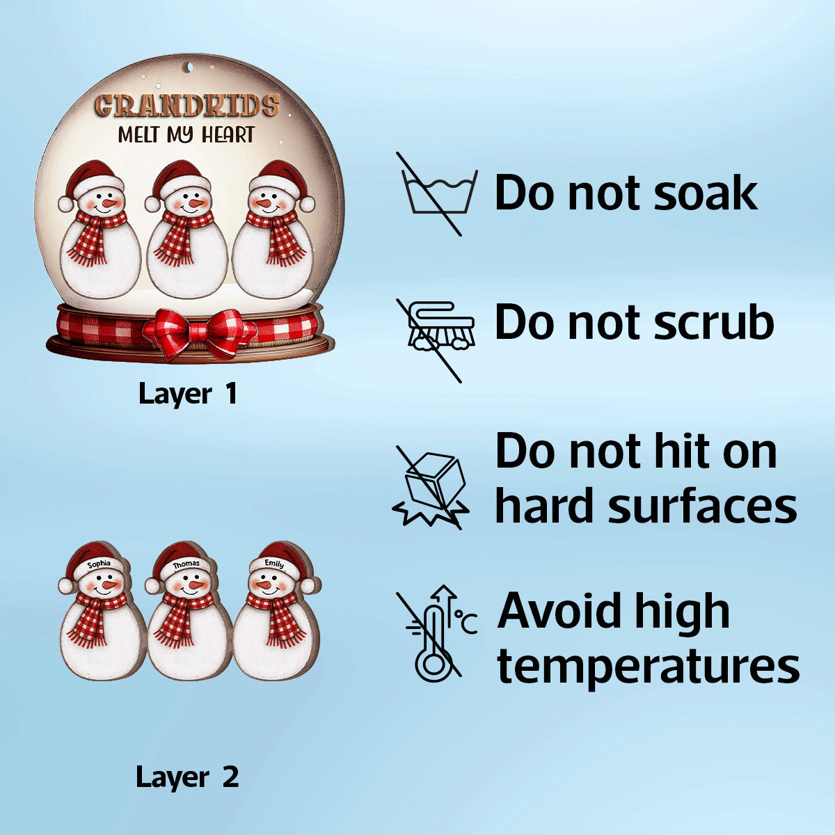 Grandkids Melt Our Hearts Folk Art Snowman - Personalized 2-Layer Wooden Ornament - Christmas Decor