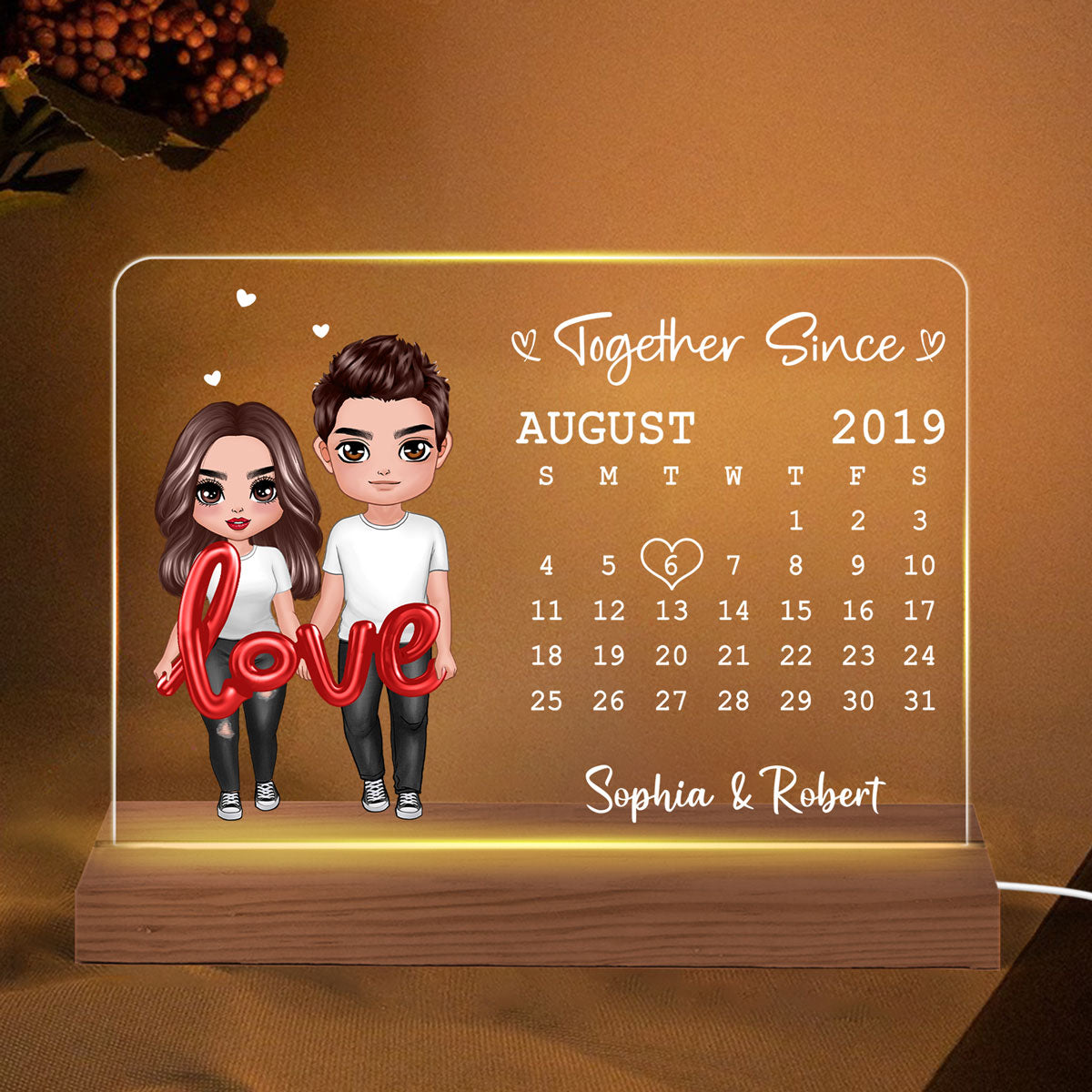 Love Balloon Standing Couple Calendar Personalized Custom Shape Acrylic Plaque LED Night Light - Gift For Him Gift For Her