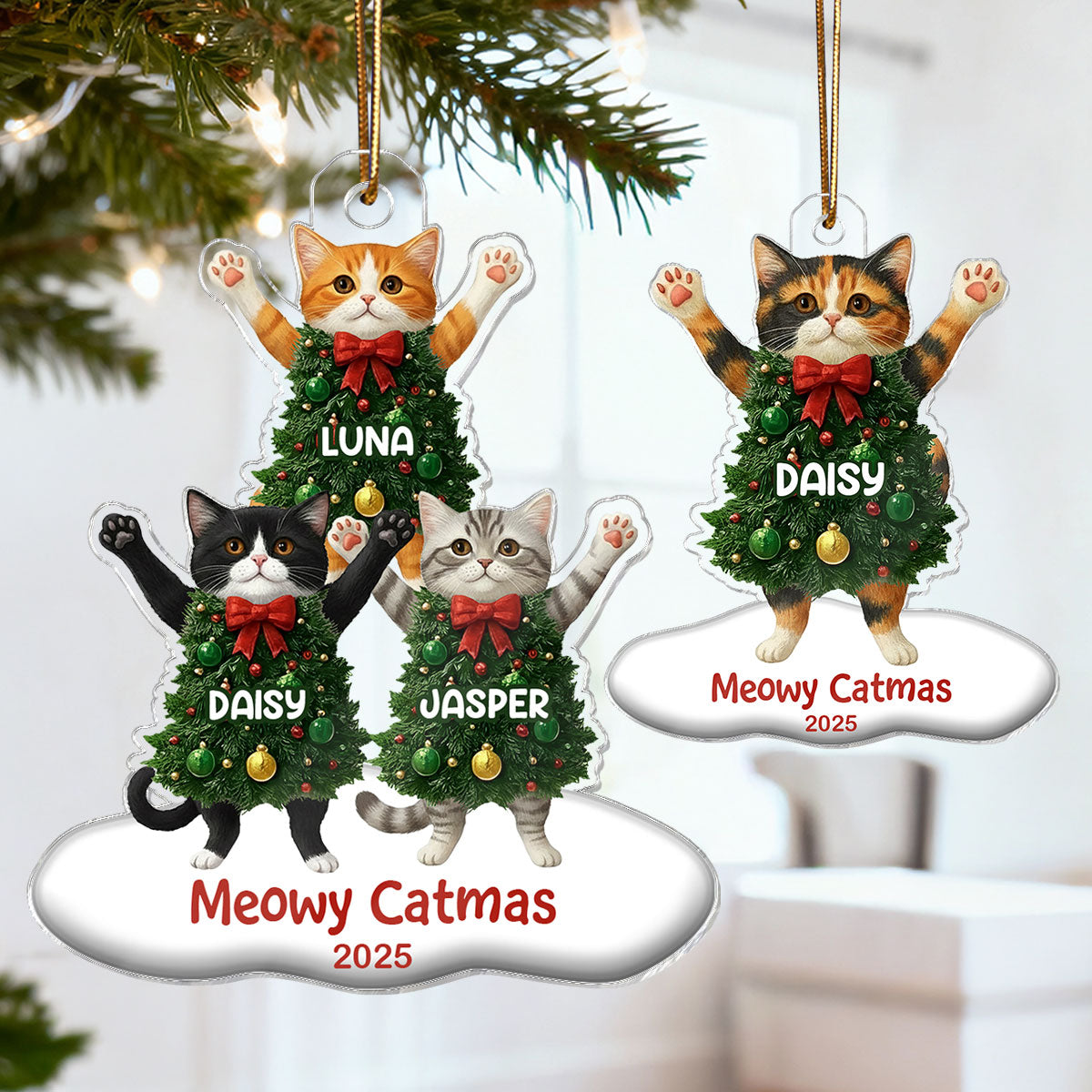 Whimsical Cat Christmas Tree - Personalized Acrylic Ornament - Gift For Cat Lover