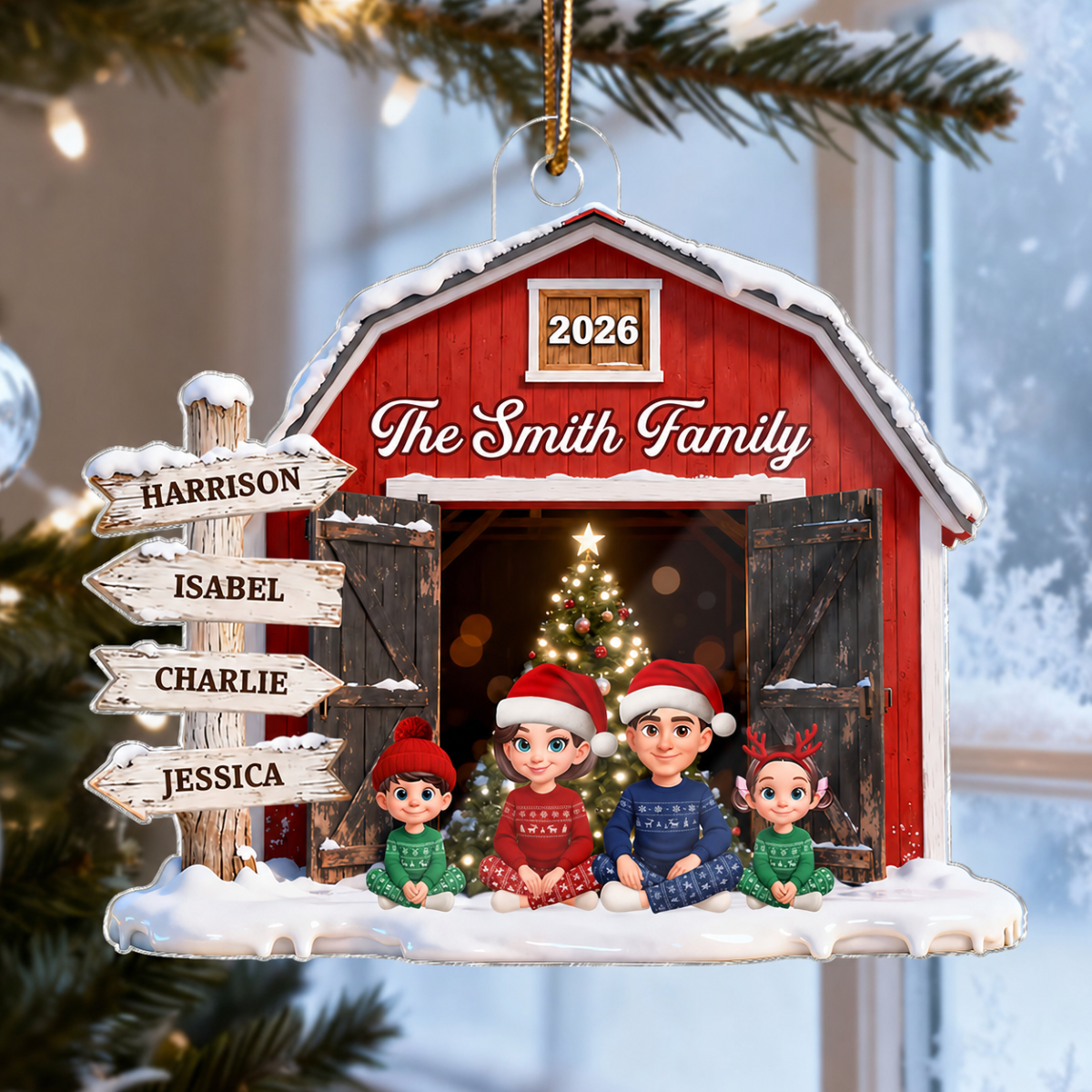 3D Effect Christmas Nostalgia Barn House Family Sign Posts Family Together - Personalized Acrylic Ornament - Gift For Family, Farmhouse Decor