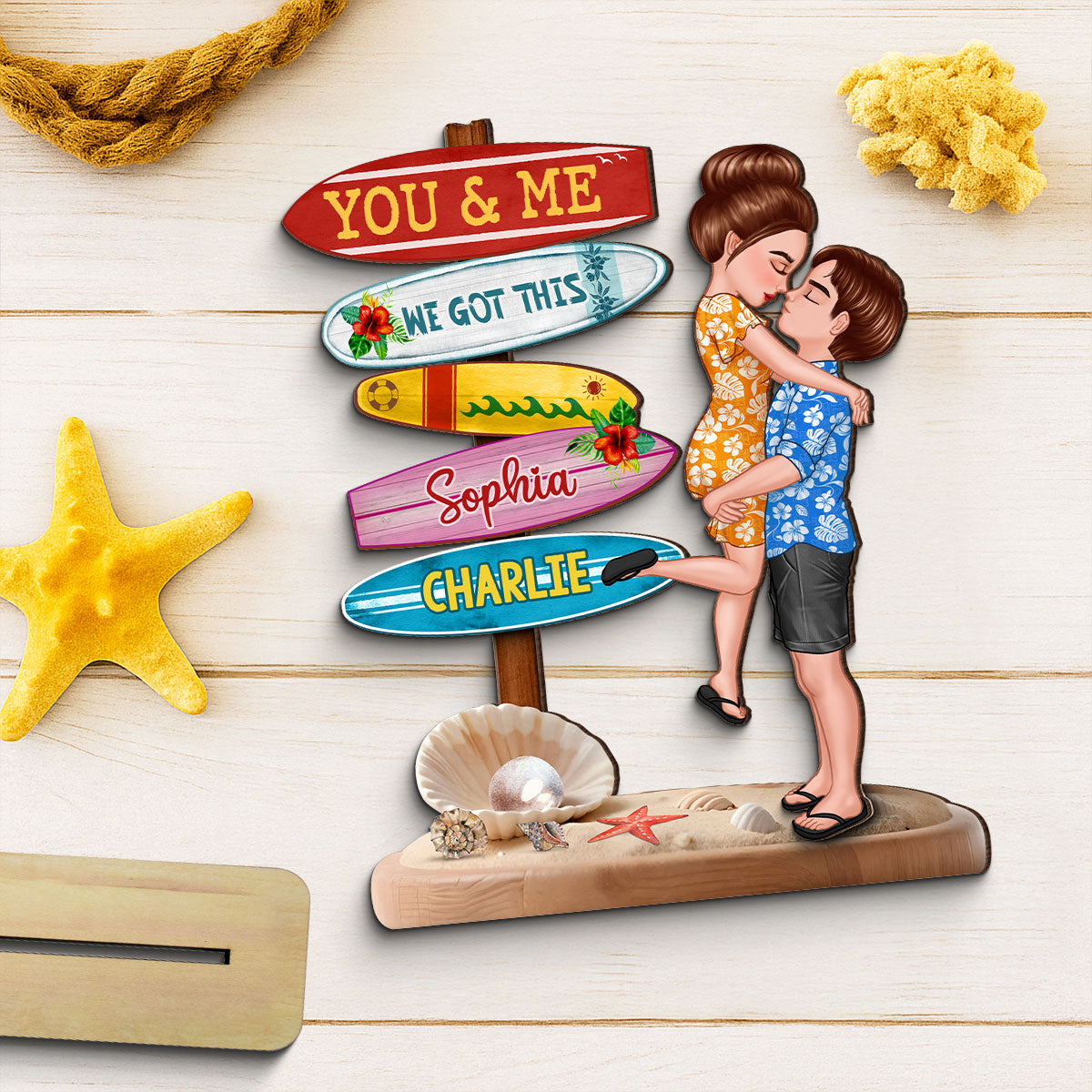 Couple Hugging Kissing Beach Sign Summer Vacation Personalized Standing Wooden Plaque