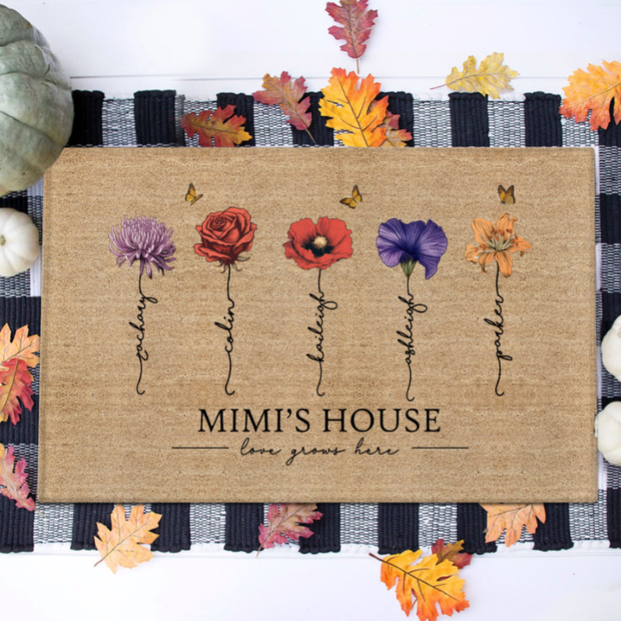 [FREE DELIVERY - Limited time offer] Grandma‘s Garden Love Grows Here Vintage Birth Flowers Swirl Name Personalized Doormat, Gift For Her, Mom, Grandma