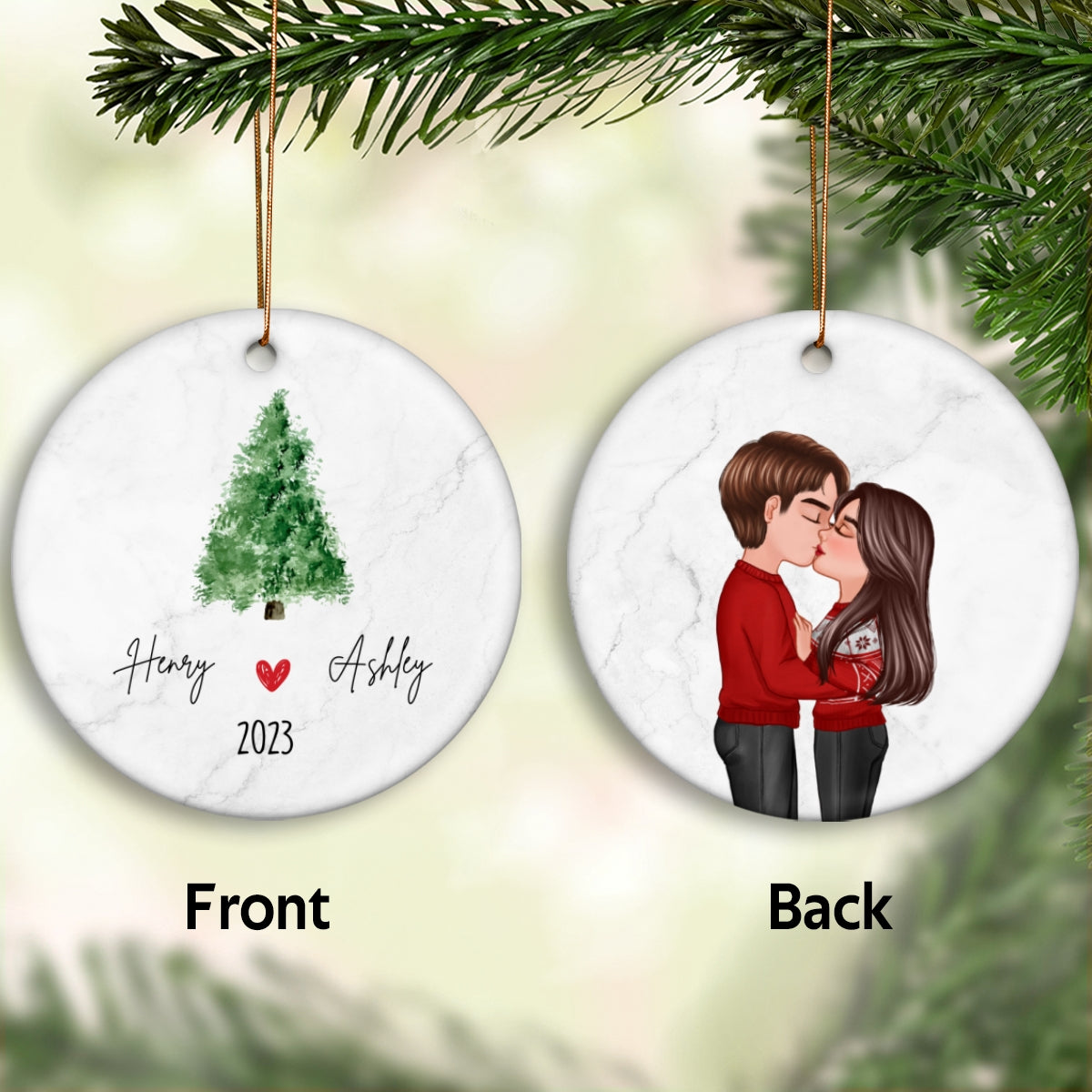Simple Christmas Thing Couple Kissing Personalized Double Sided Circle Ornament