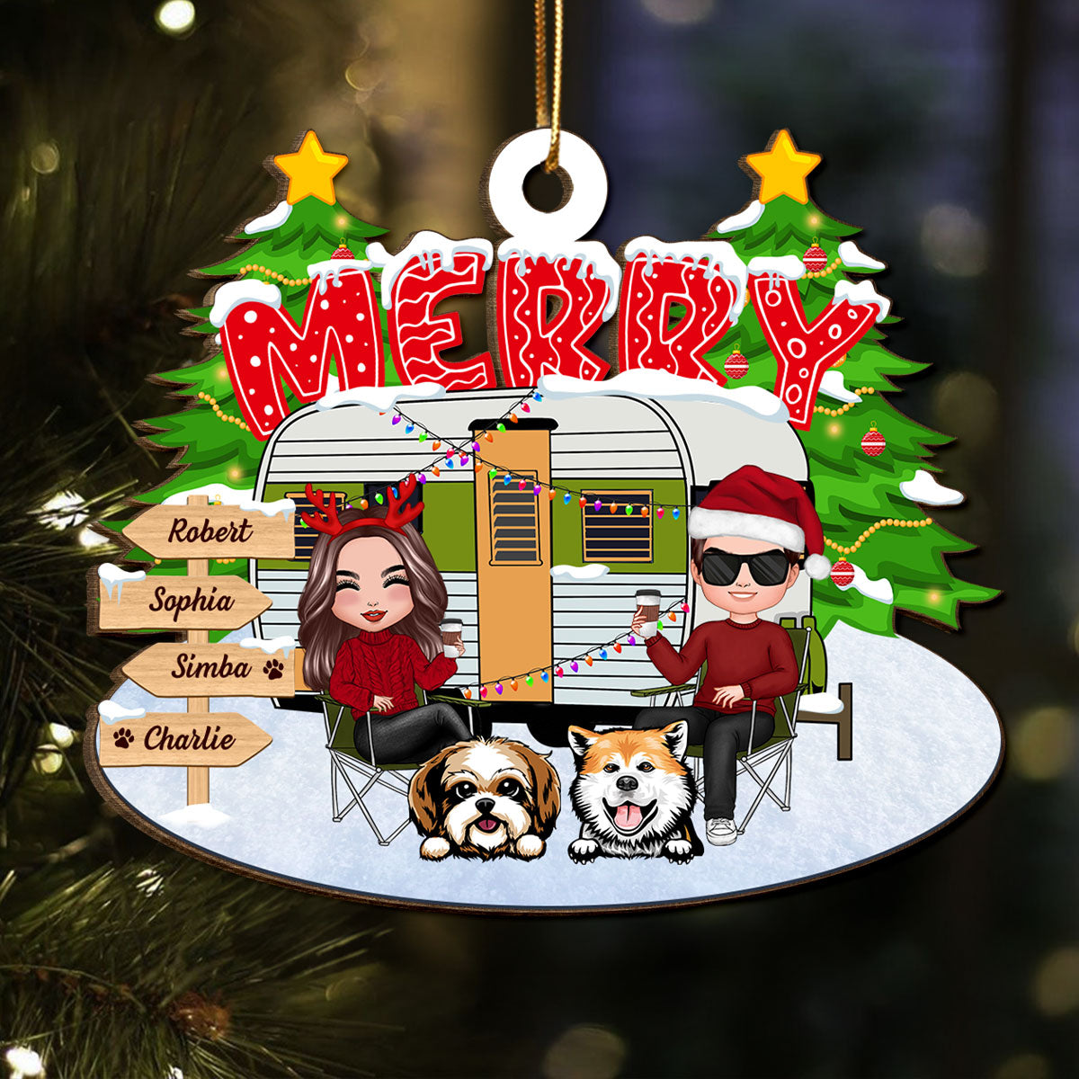 Couple And Dogs Camping Merry Christmas Personalized Wooden Ornament