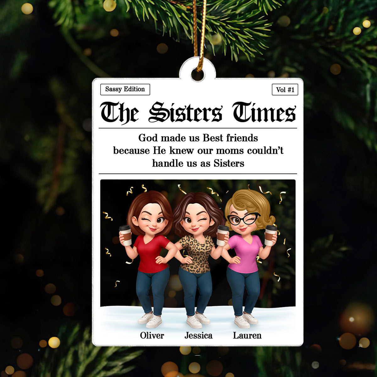 Newspaper Besties Sisters Friends Personalized Acrylic Ornament, Christmas Gift