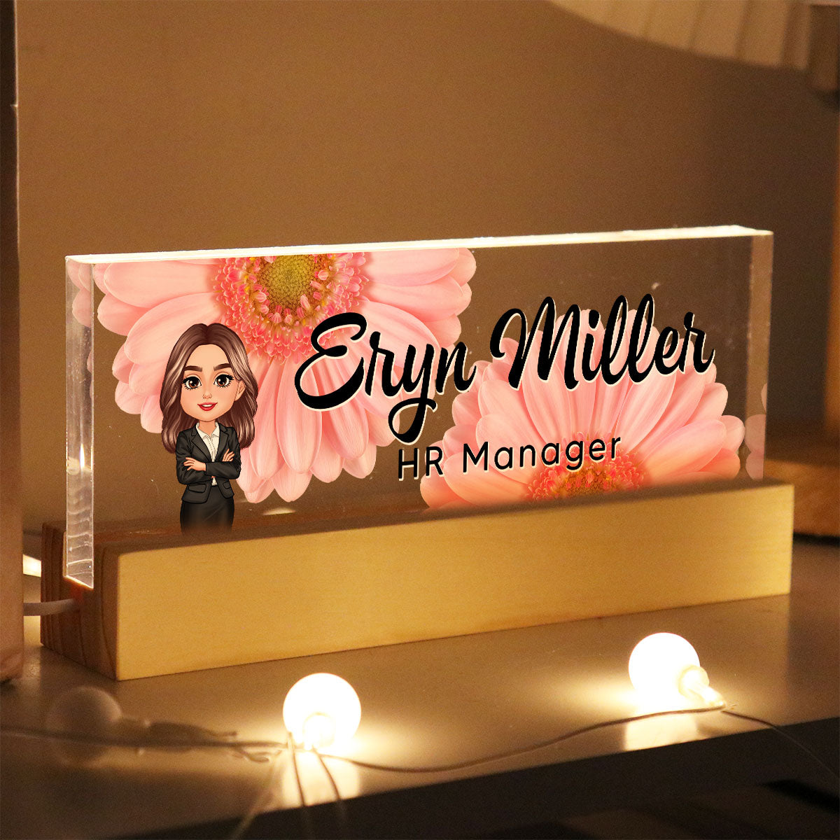 Daisy Woman Office Personalized Acrylic Block LED Night Light, Desk Name Plate, Office Desk Decor, Gift For Colleagues, Coworkers, Boss