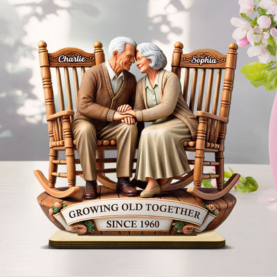 3D Effect Old Couple Sitting On Rocking Chairs Together - Personalized Wooden Plaque - Heartfelt Gift For For Her, For Wife