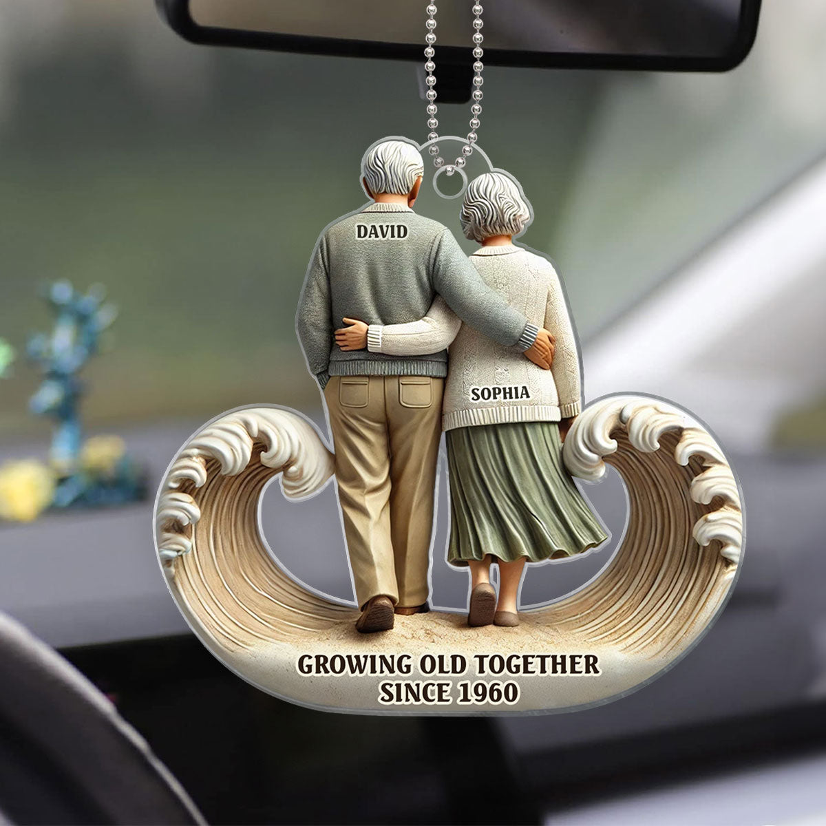 3D Effect Sea Waves Old Couple Walking Together Personalized Car Hanger Ornament, Heartfelt Gift For Couple, For Him, For Her, Husband, Wife