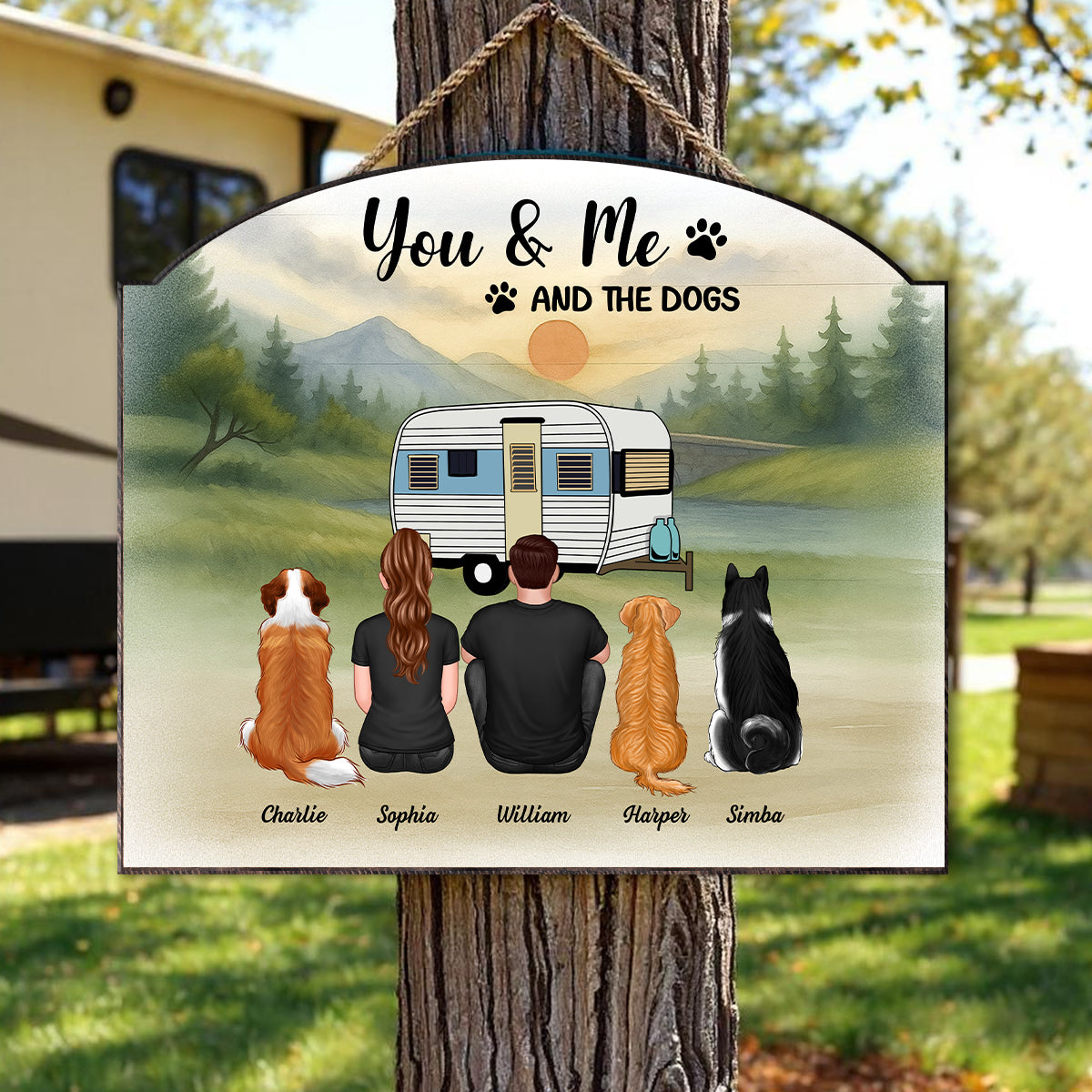 Couple And Dogs Camping Retro Mountain Personalized Wood Sign, Gift for Camping & Dog Lovers