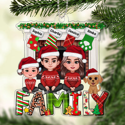 Family Dad Mom Kids Dogs Cats Crossed Legs Sitting On Word At Fireplace Personalized Acrylic Ornament