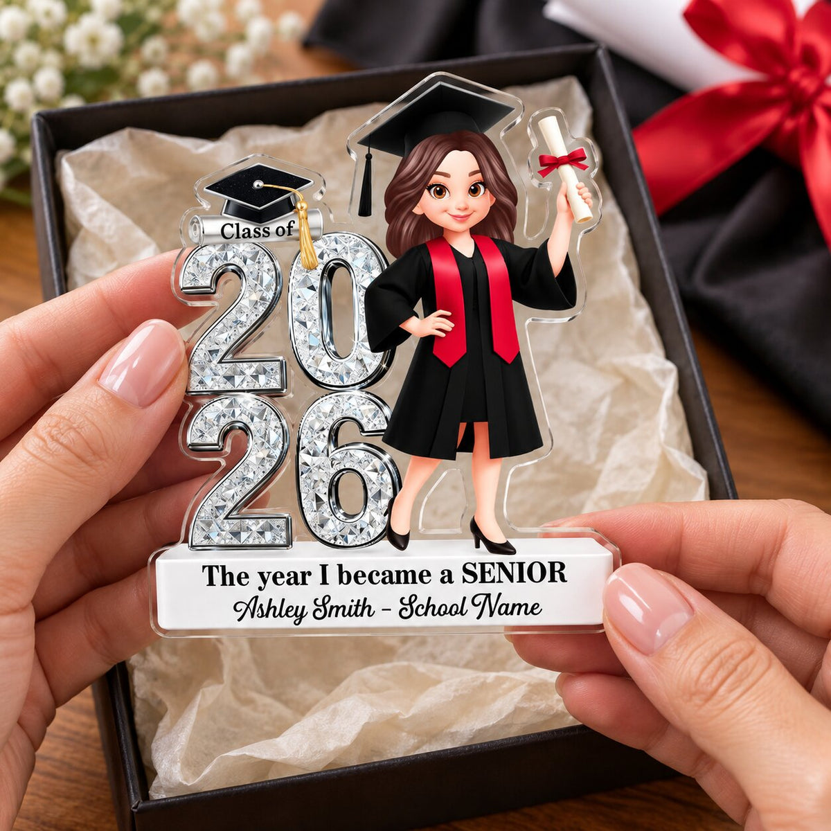 The Year I Became A Senior - Personalized Acrylic Fridge Magnet - Christmas Gift For Seniors, Daughter, Son, Granddaughters, Grandsons