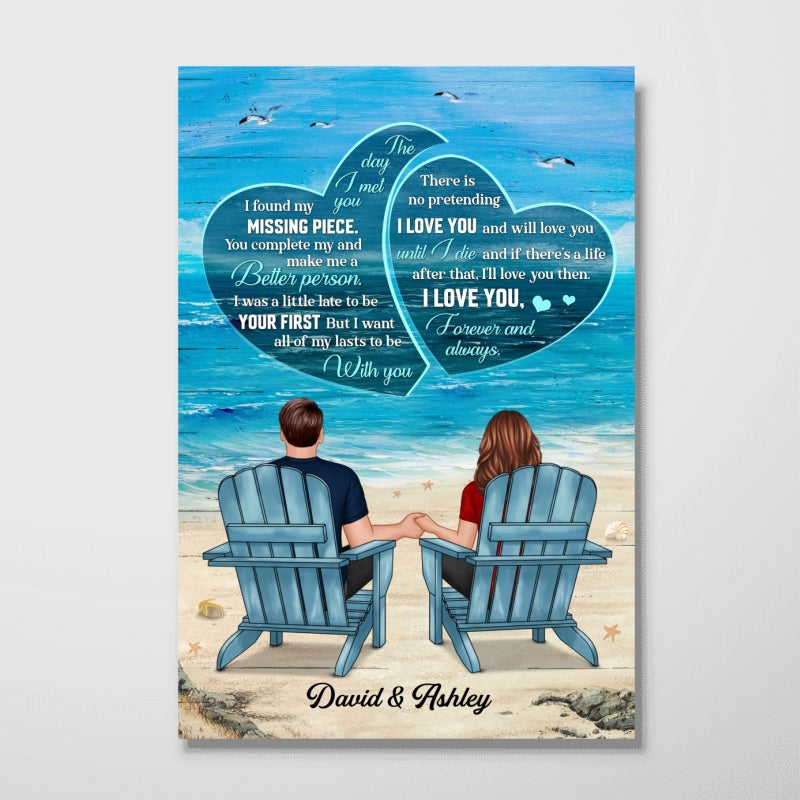 Couple Back View Sitting At Beach Text In Hearts Personalized Vertical Poster