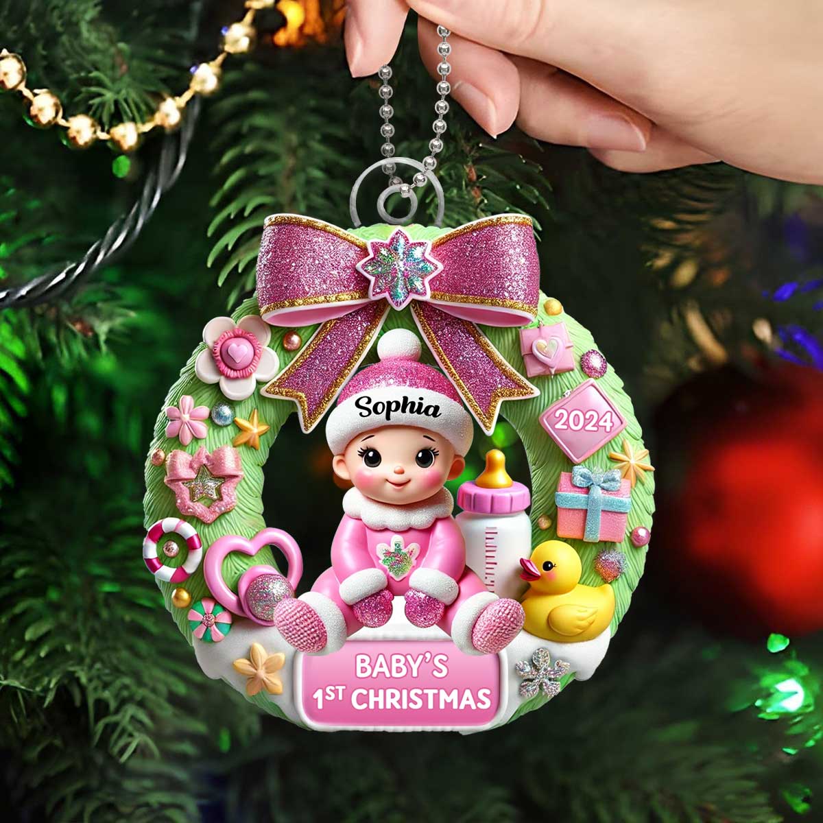 Personalized Wreath Baby's First Christmas Personalized 3D Effect Acrylic Ornament, Christmas Keepsake for Baby
