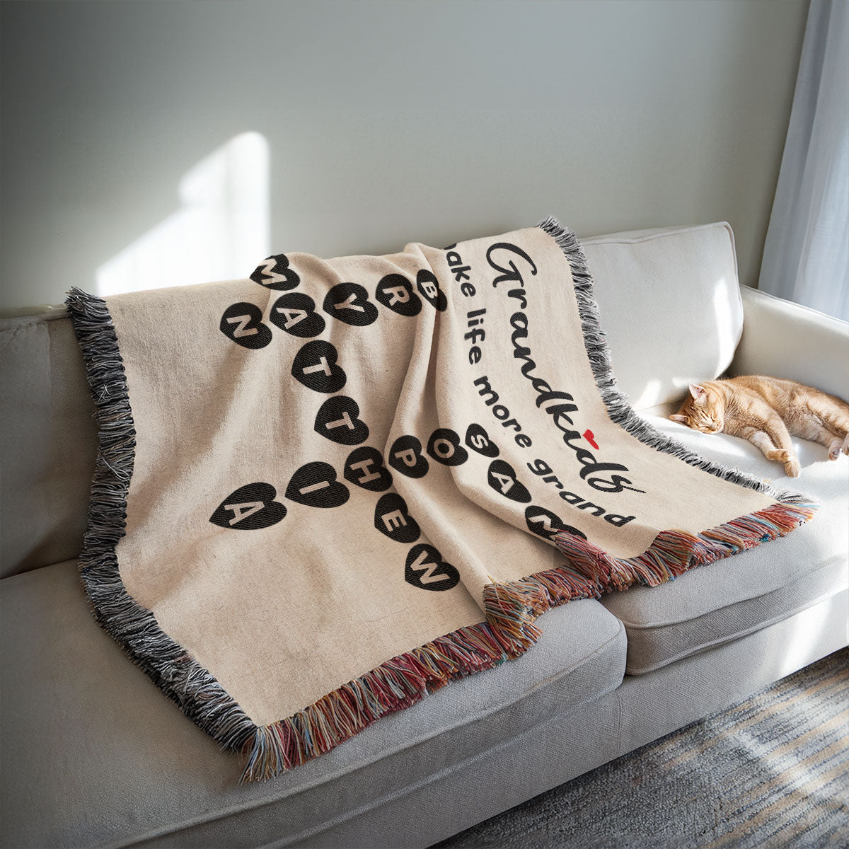 Grandkids Make Life Grand Heartfelt Crossword Puzzle Art Gift For Grandma Personalized Tapestry Woven Blanket