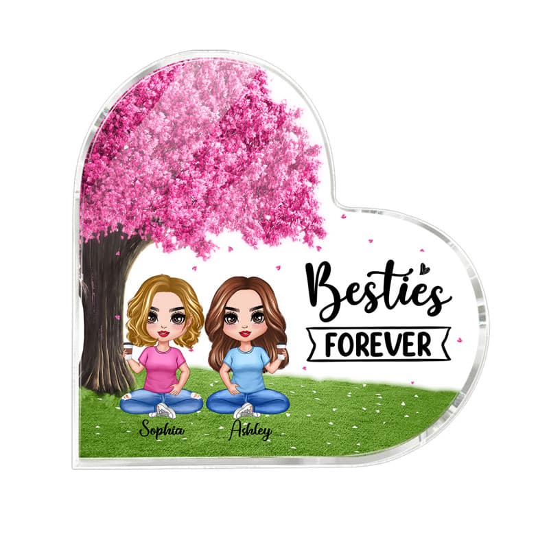 Doll Besties Sitting Under Pink Tree Personalized Acrylic Heart Plaque