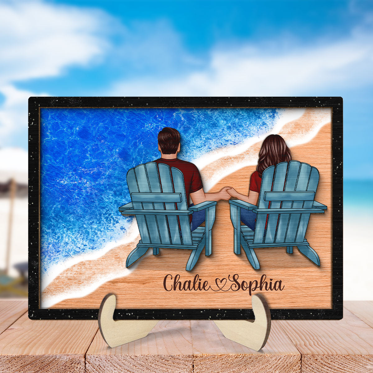 Couple Sitting On The Seaside Personalized 2-Layer Wooden Plaque