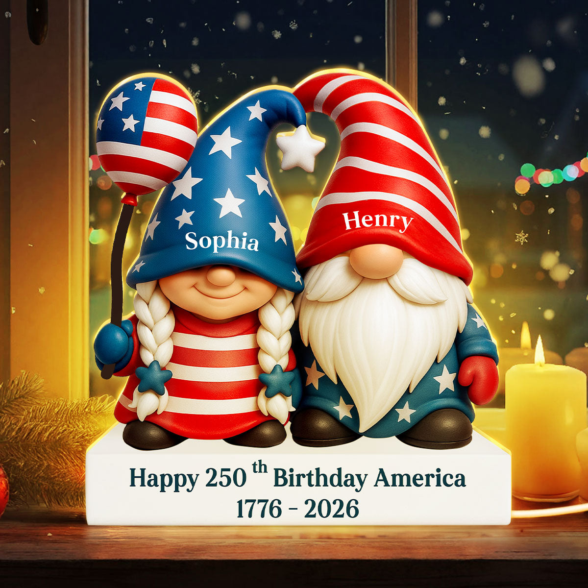 250th Anniversary American Gnome Couple - Personalized Light Box - Perfect Christmas Gift for Couple, for Her, for Him