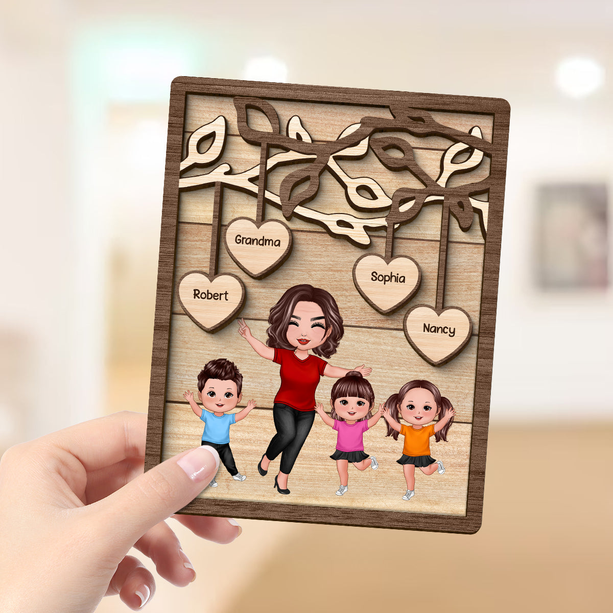 Happy Grandma Grandkids Under Tree Personalized 2-layer Wooden Plaque