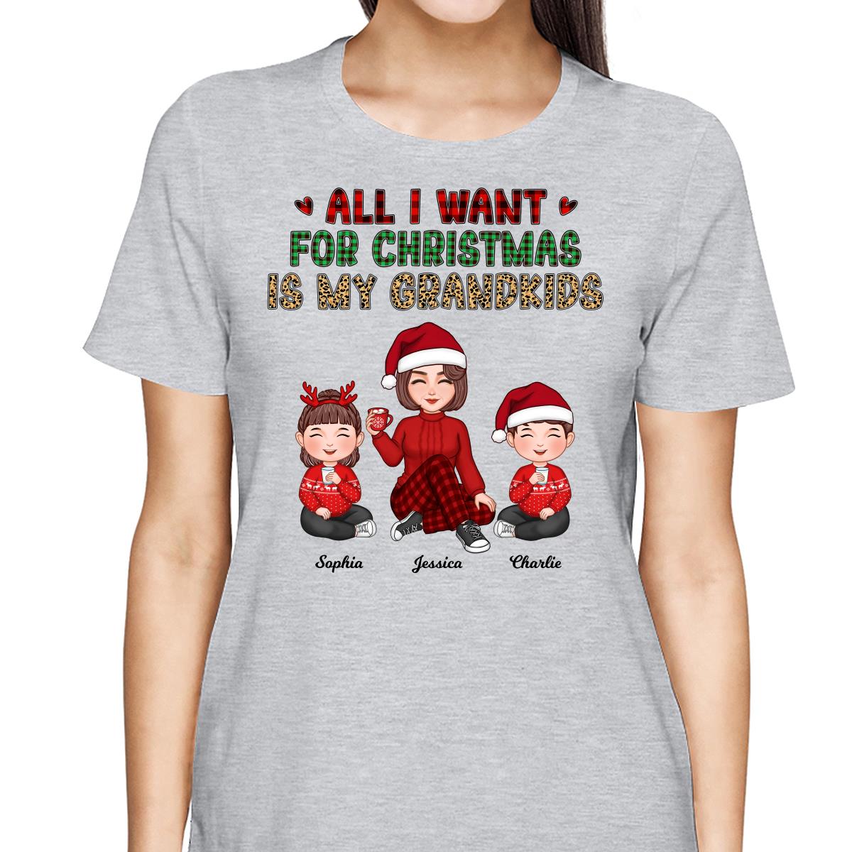 Checkered Leopard Pattern All I Want For Christmas Is My Grandkids Cute Grandma & Kids Personalized Shirt