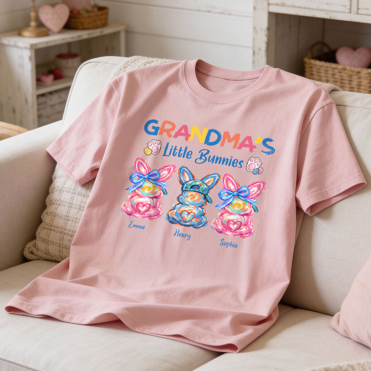 Grandma's Little Bunnies Colorful Brushstroke - Personalized Shirt - Easter Shirt for Grandma