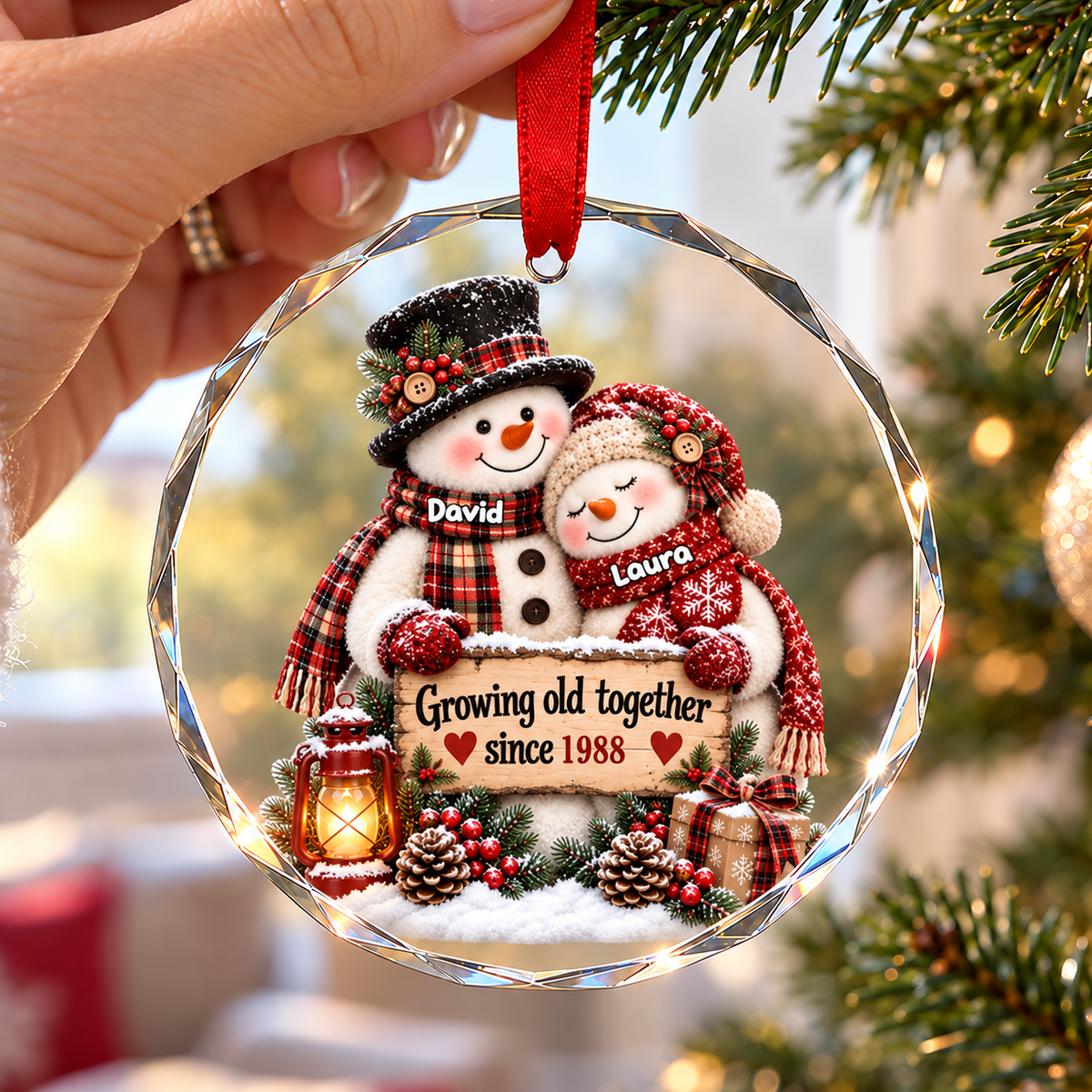 Snowman Couple Hugging Growing Old Together - Personalized Glass Ornament - Heartfelt Christmas Gift for Her, for Him