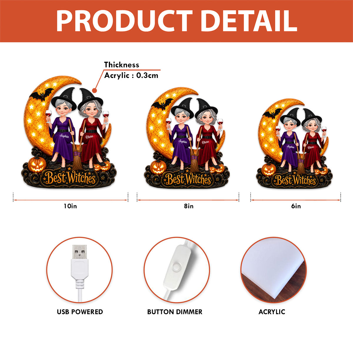 Witch Besties Sitting On Moon 2D Flat - Personalized Light Box - Halloween Gift Decoration