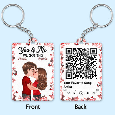 Rose Frame Doll Couple Kissing Favorite Song QR Code Personalized Acrylic Keychain
