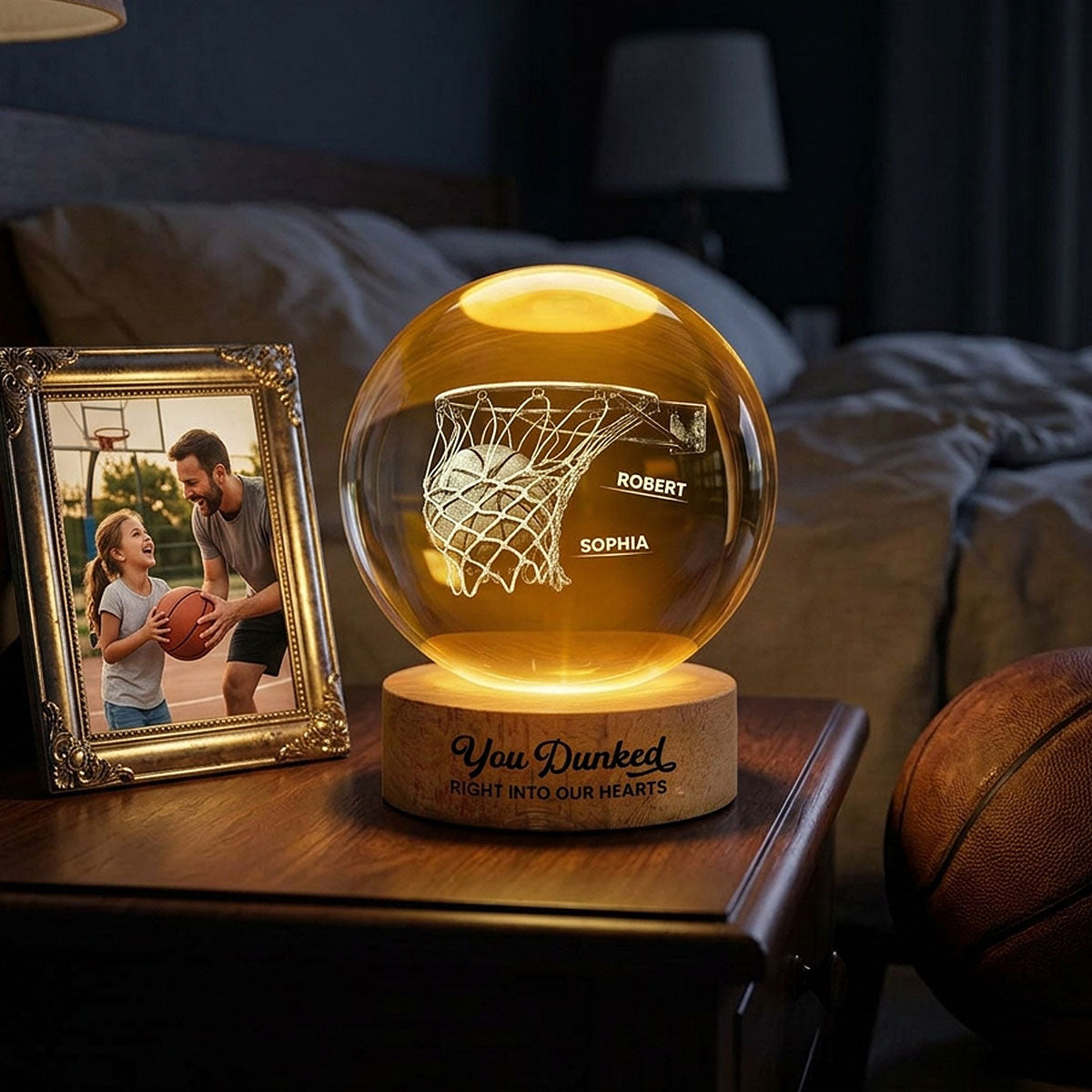 We Dunked Right Into Our Heart - Personalized Crystal Ball LED Night Light - Father's Day Gift For Basketball Dad