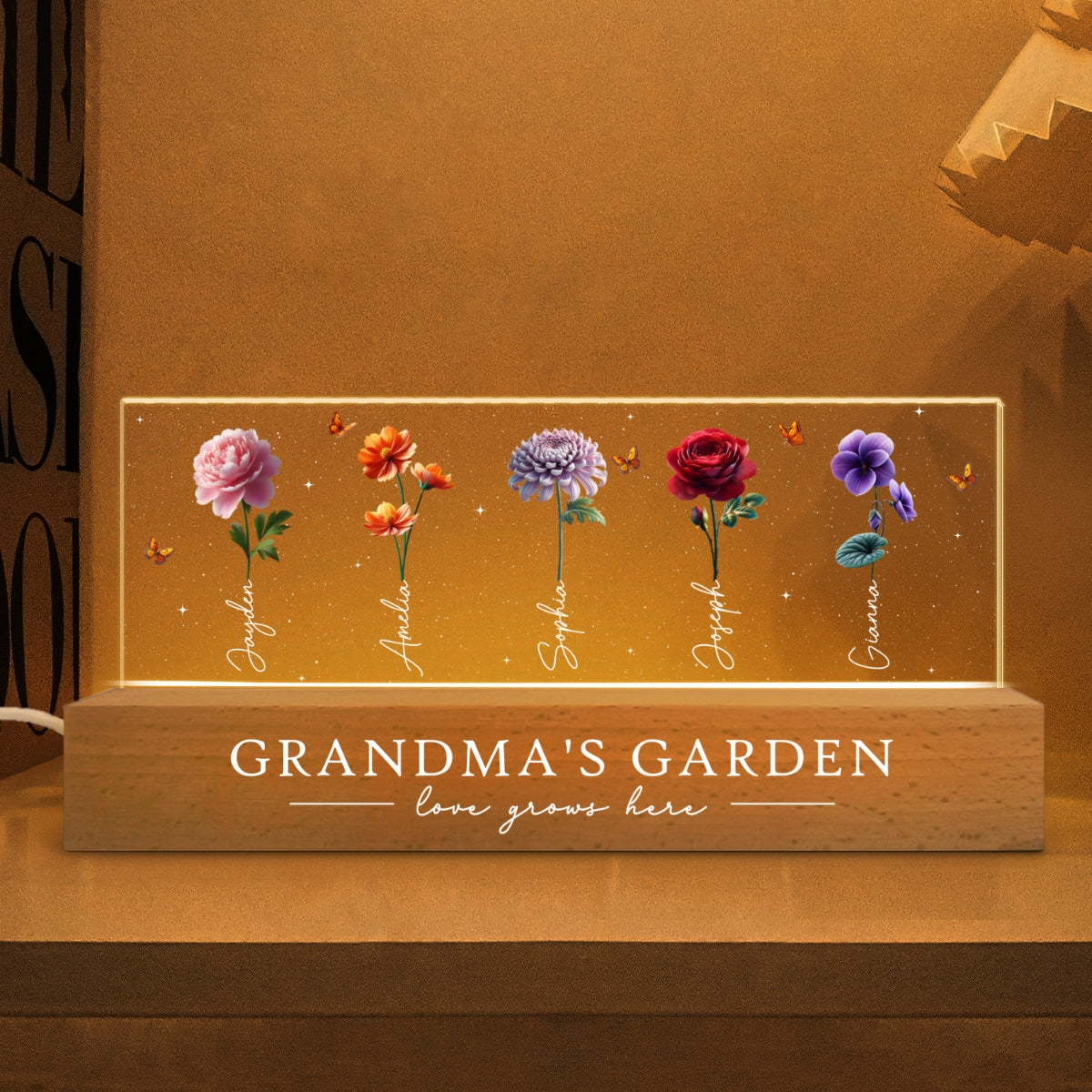 Grandma's Garden 3D Effect Birth Month Flowers Glowing Personalized Acrylic Block LED Night Light