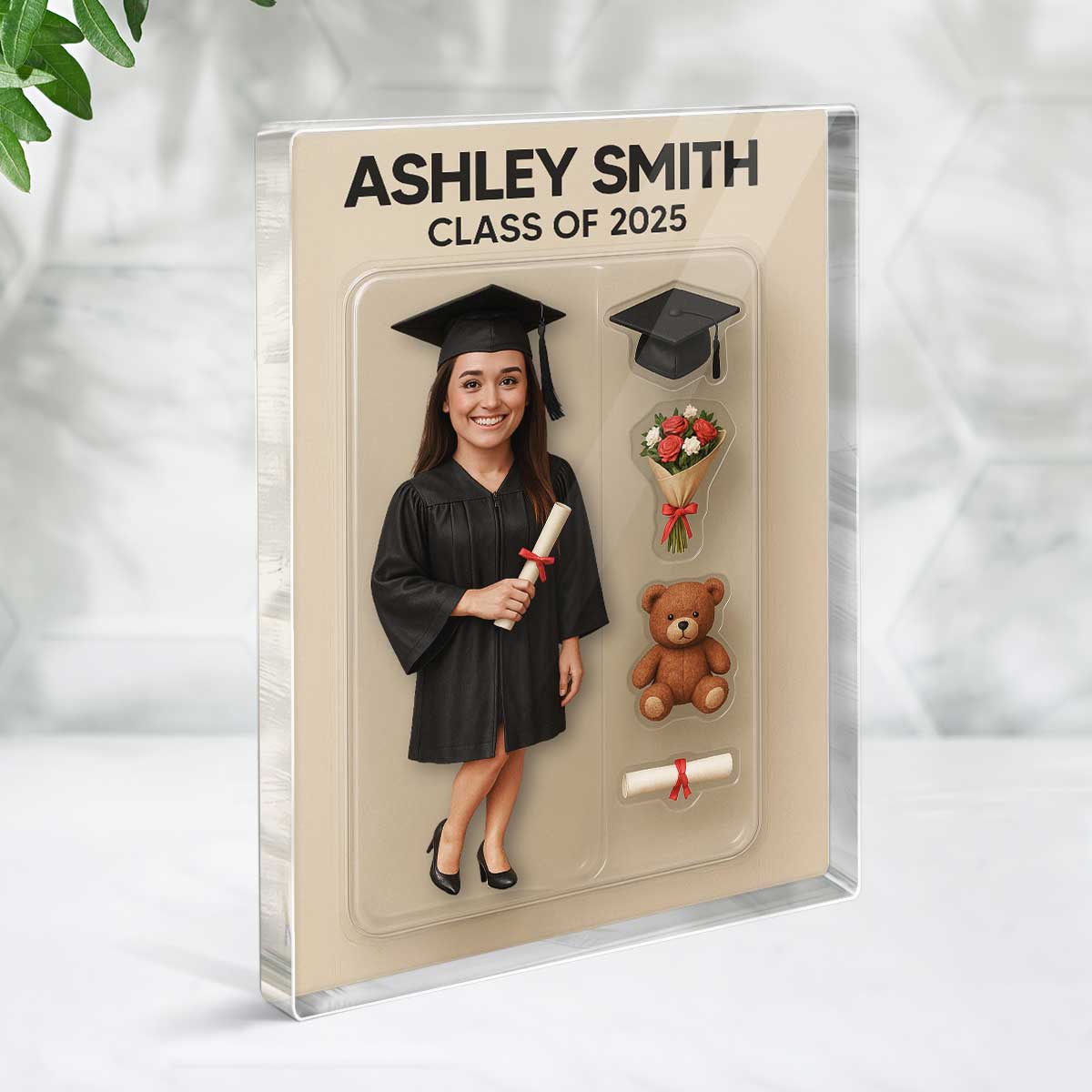 3D Effect Graduate Custom Figure Personalized Flat Rectangle Acrylic Block Plaque, Unique Keepsake, Graduation Gift [FEMALE version ONLY]