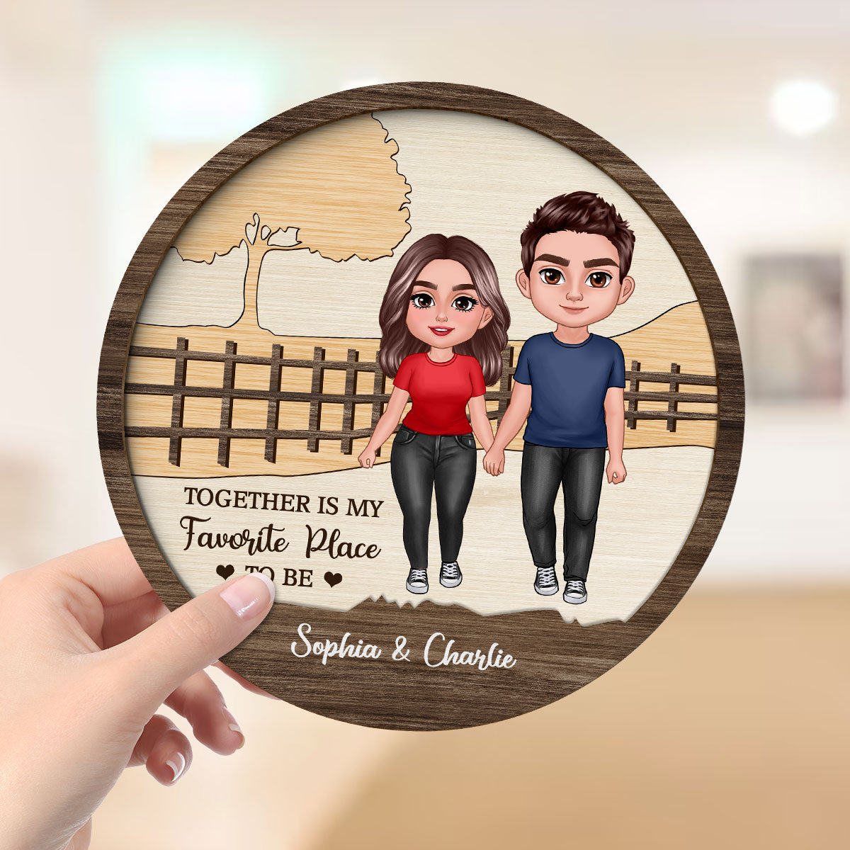 Couple Standing Landscape Personalized 2-layer Wooden Plaque