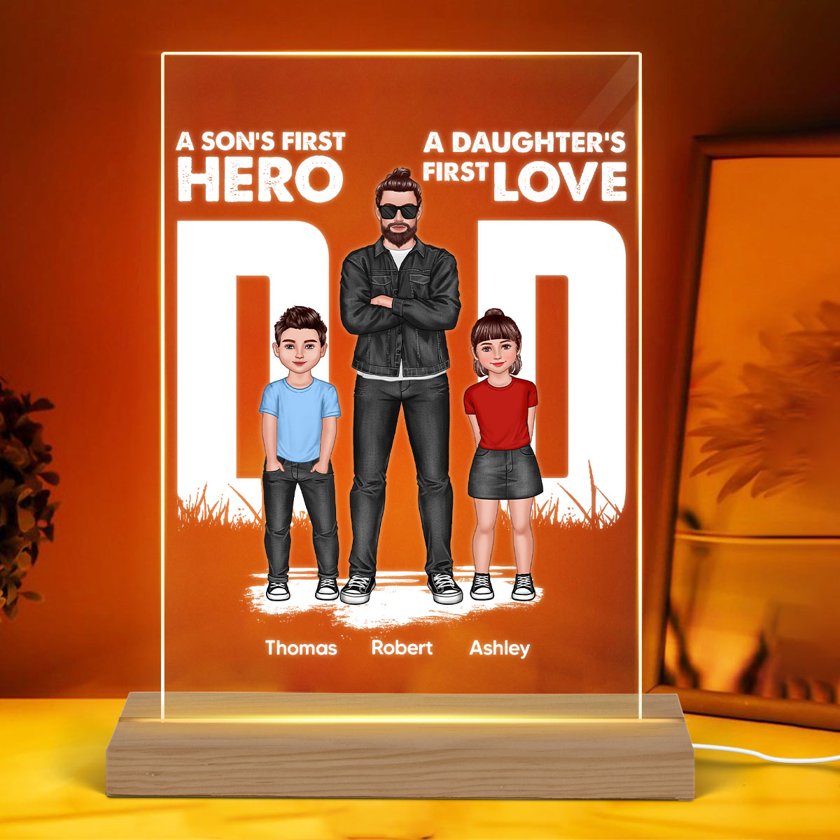 Dad Son First Hero Daughter First Love Standing Front View Personalized Rectangle Acrylic LED Night Light