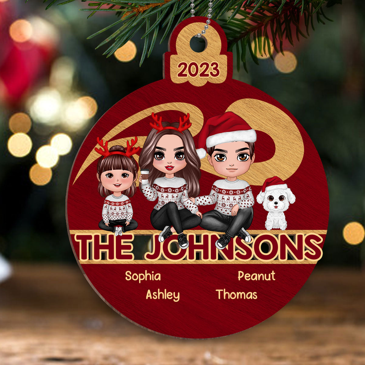 Bauble Red Maple Family Sitting Personalized Wooden Ornament