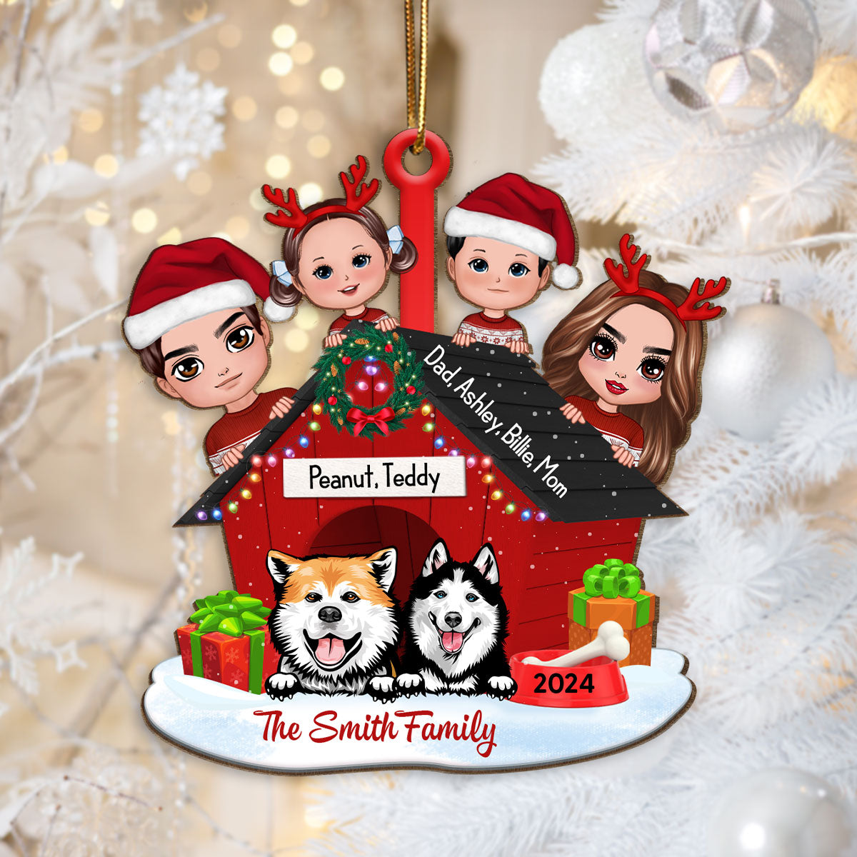 Family And Dogs Christmas - Personalized Wooden Ornament