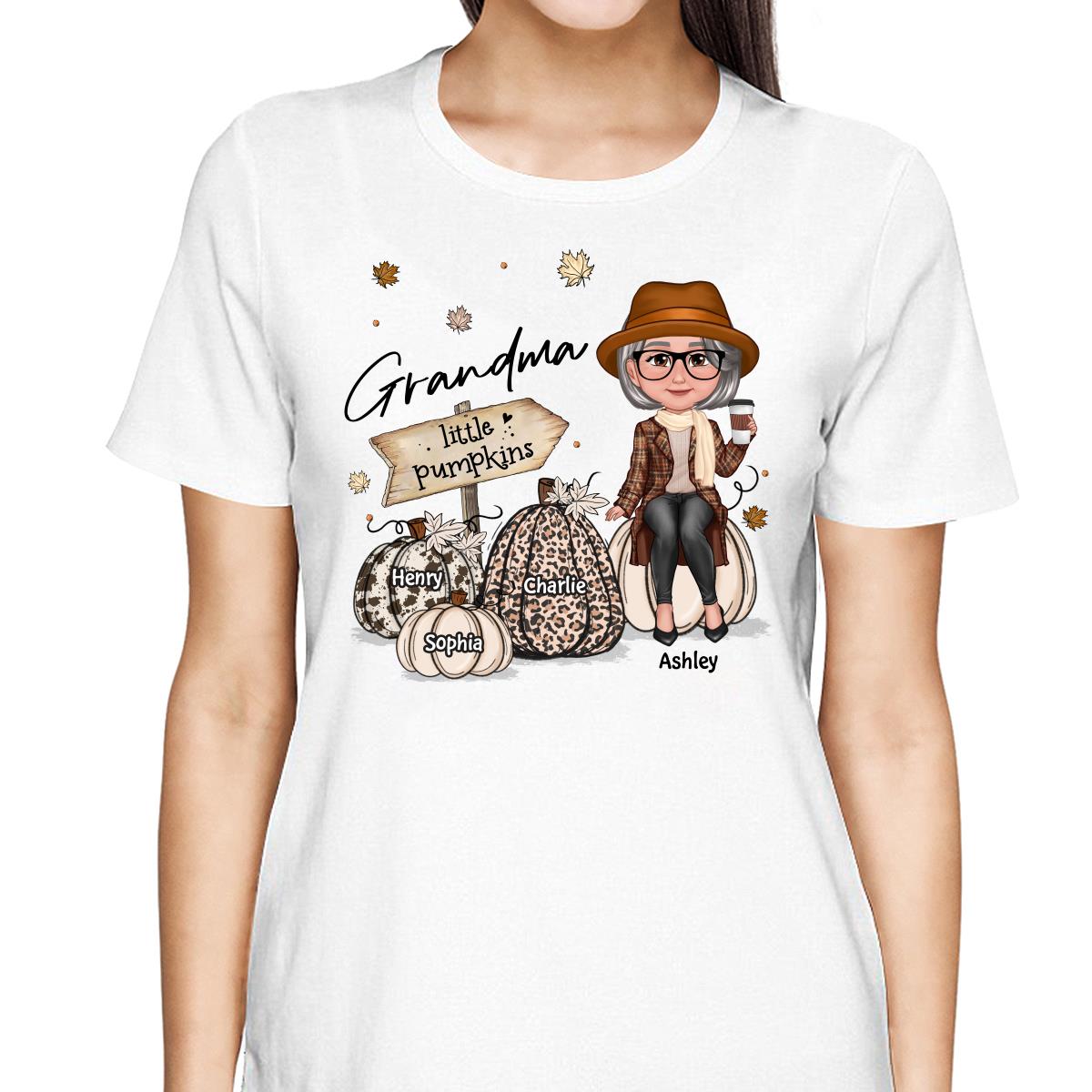 Grandma Mom Sitting On Animal Prints Patterned Pumpkins Fall Season Personalized Shirt