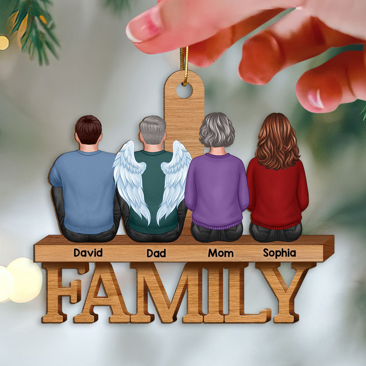 Family Sitting Back View On Word Christmas Gift Personalized Wooden Ornament