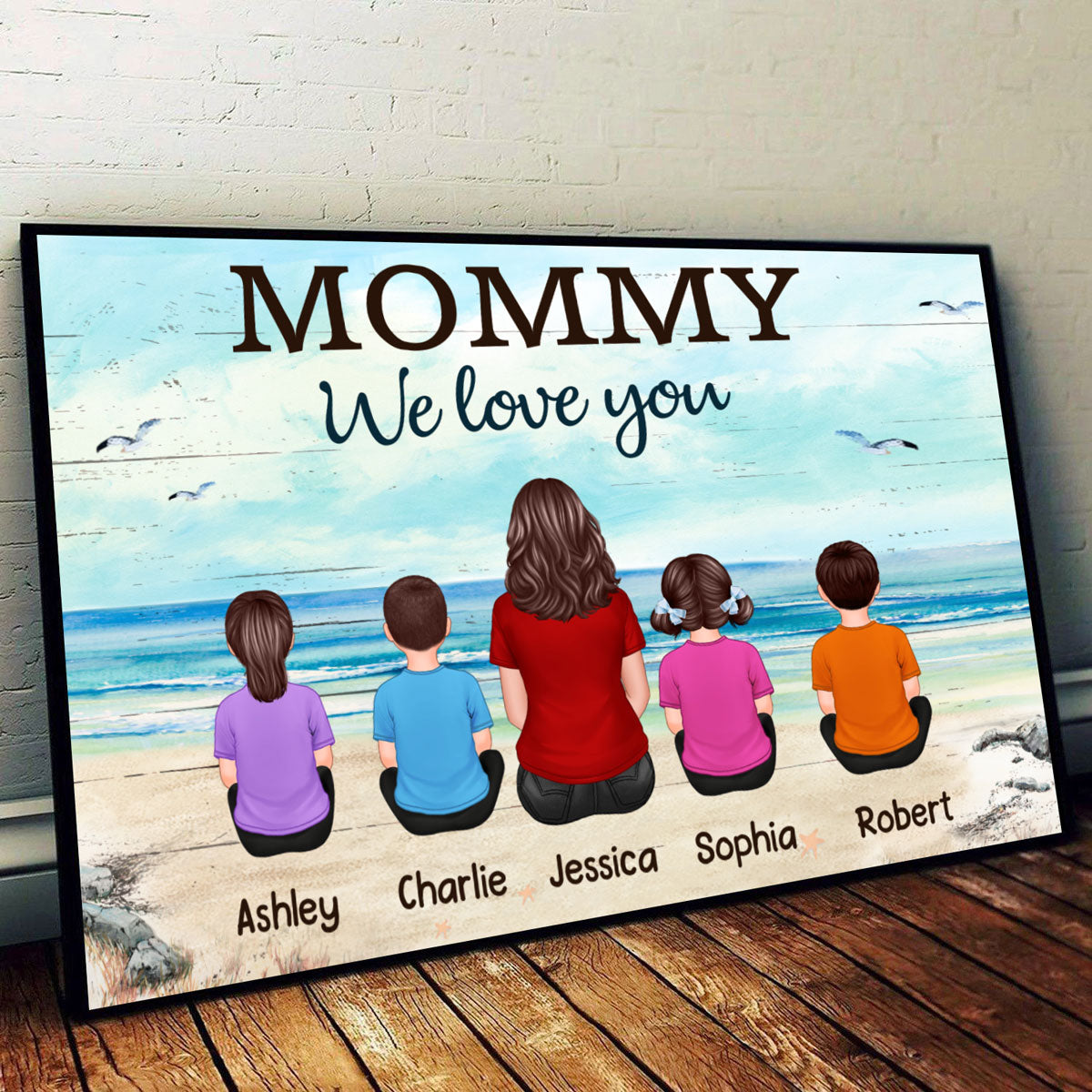 Beach Landscape Back View Mom And Daughters Sons Sitting Mother‘s Day Gift For Mom Personalized Horizontal Poster