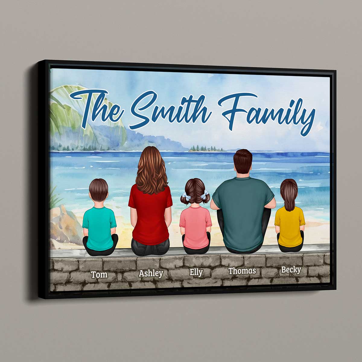 Family Sitting Back View Summer Beach Dad Mom Kids Dog Cat Personalized Horizontal Poster
