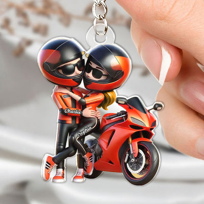 3D Effect Motorcycle Pretty Cartoon Couple Personalized Acrylic Keychain, Anniversary Birthday Gift For Him, For Biker Couple