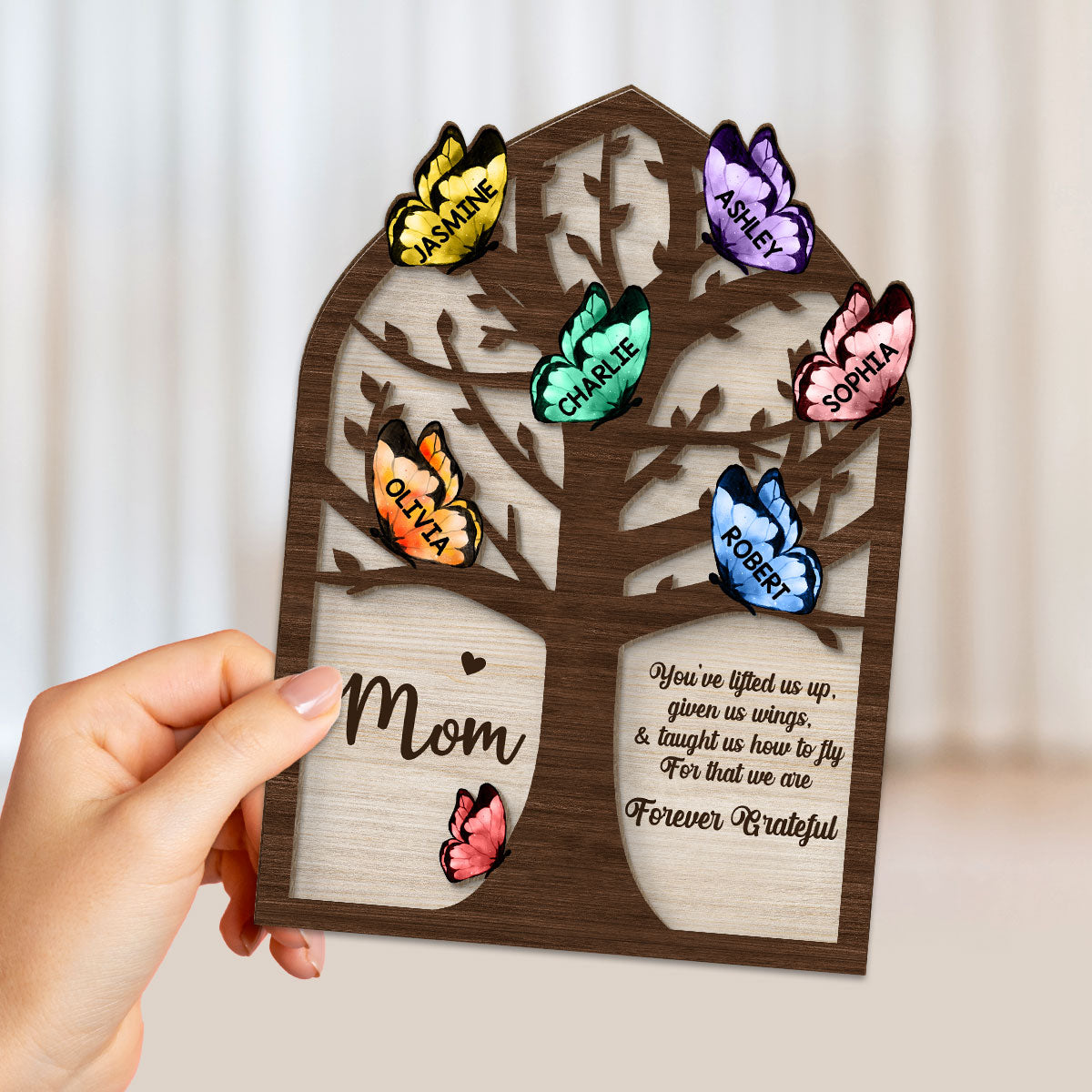 Grandma Mom Tree Butterflies Personalized 2-layer Wooden Plaque
