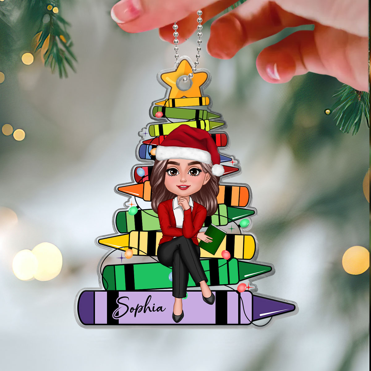Crayon Christmas Tree Teacher Sitting Personalized Acrylic Ornament