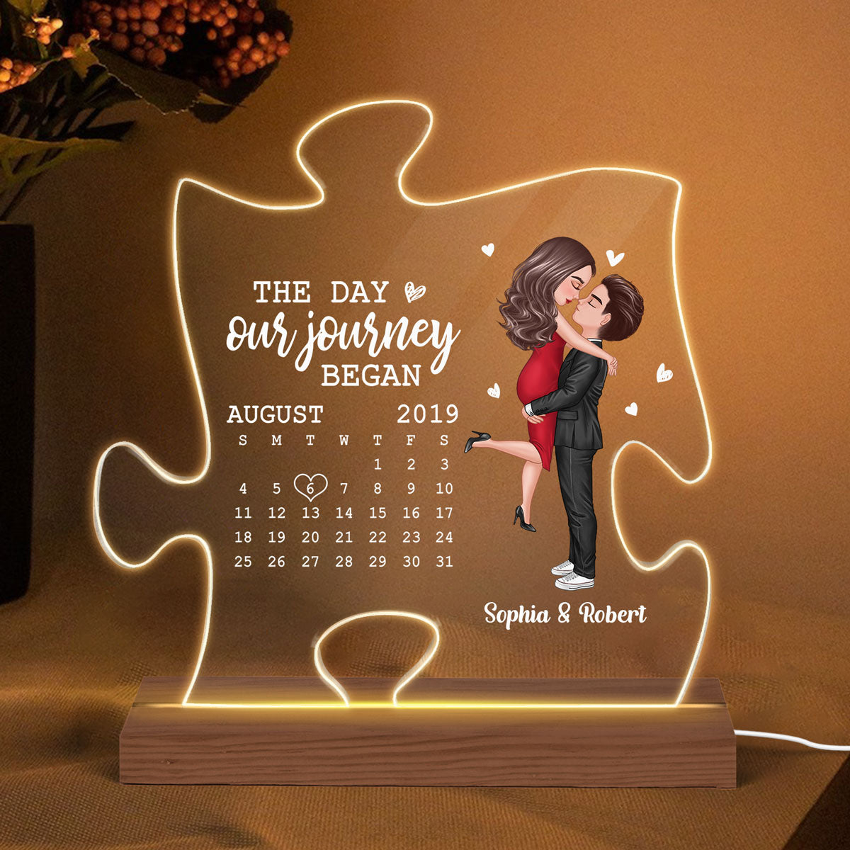 The Missing Piece Couple Kissing Anniversary Date Calendar Personalized Puzzle Shaped Acrylic Plaque With LED Night Light - Anniversary Gift For Couple - Gift For Him, Gift For Her