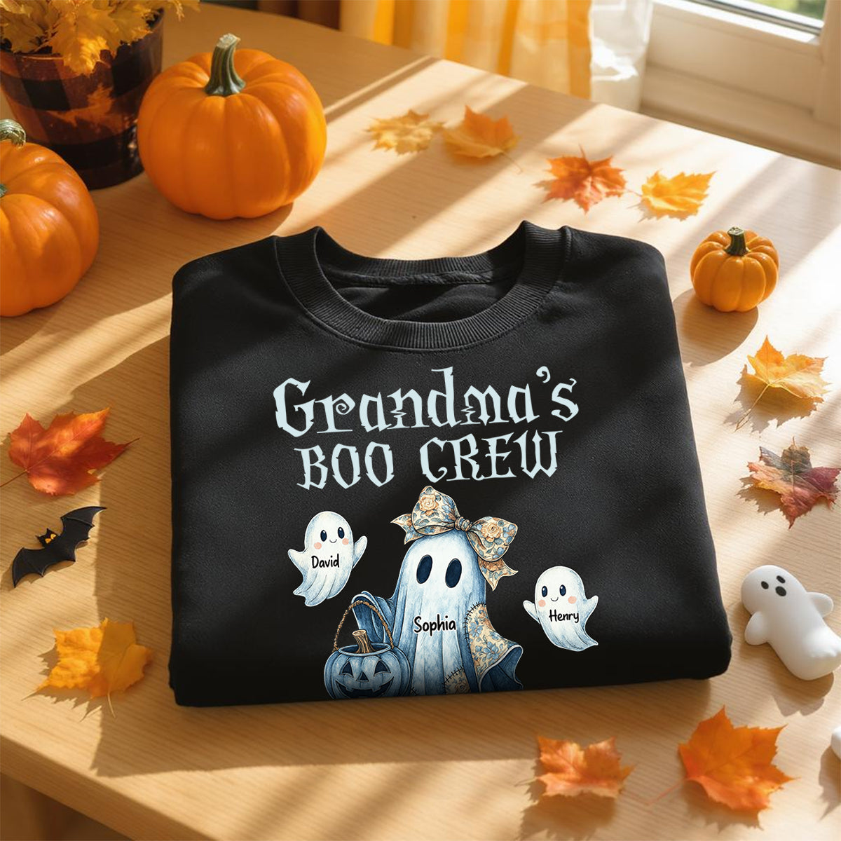 Grandma's Boo Crew Retro Halloween Blue Denim Ghost Personalized Sweatshirt, Spooky Sweatshirt for Grandma, Mom
