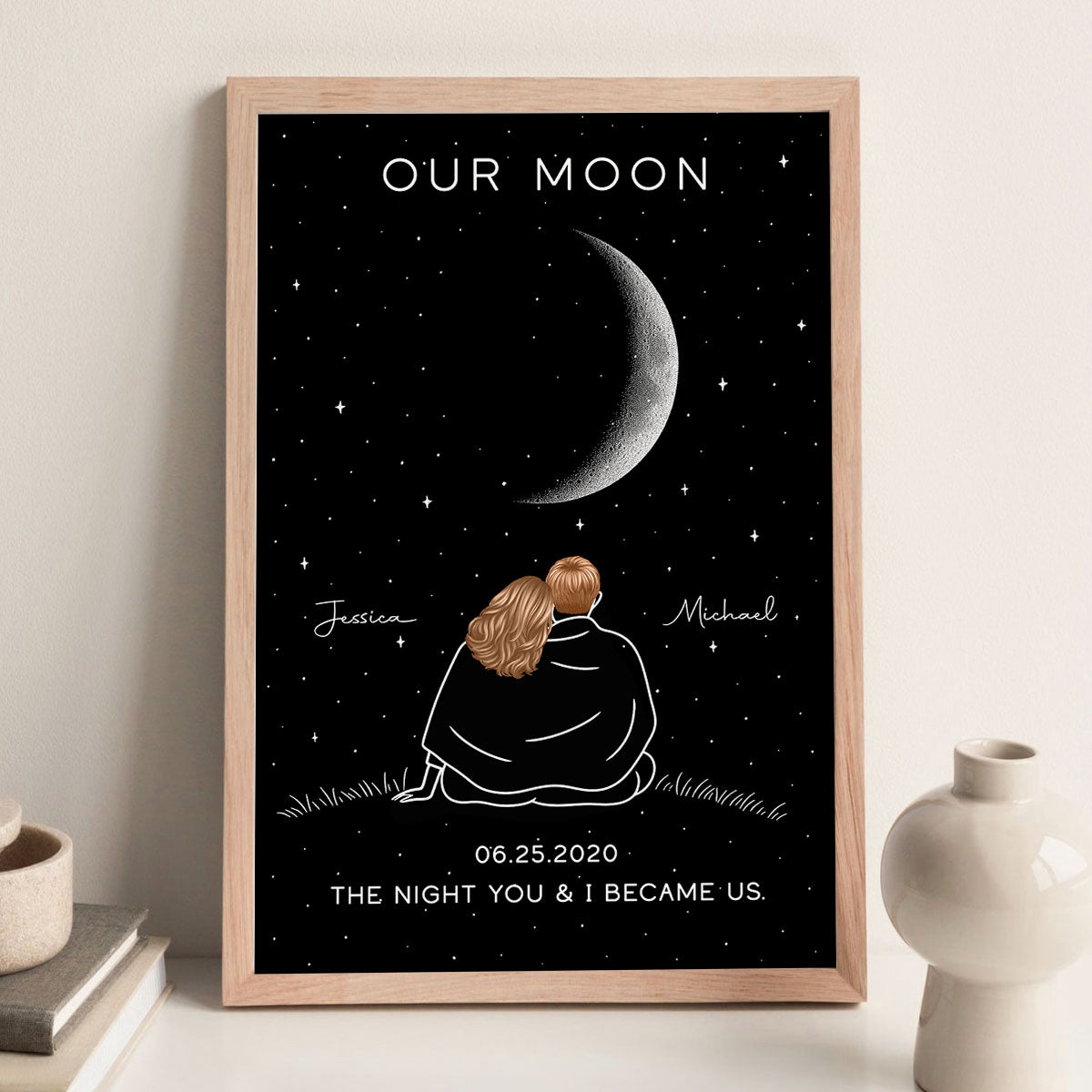 Couple Under Star Sky, Moon Phase Art Personalized Poster, Anniversary gift for him, for her