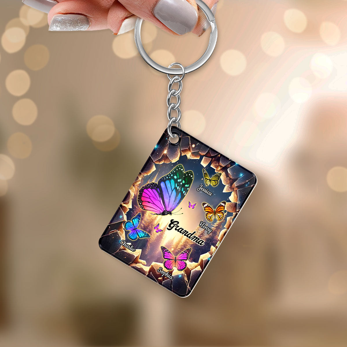 Grandma Grandkids Butterflies Names 3D Hole Personalized Acrylic Keychain