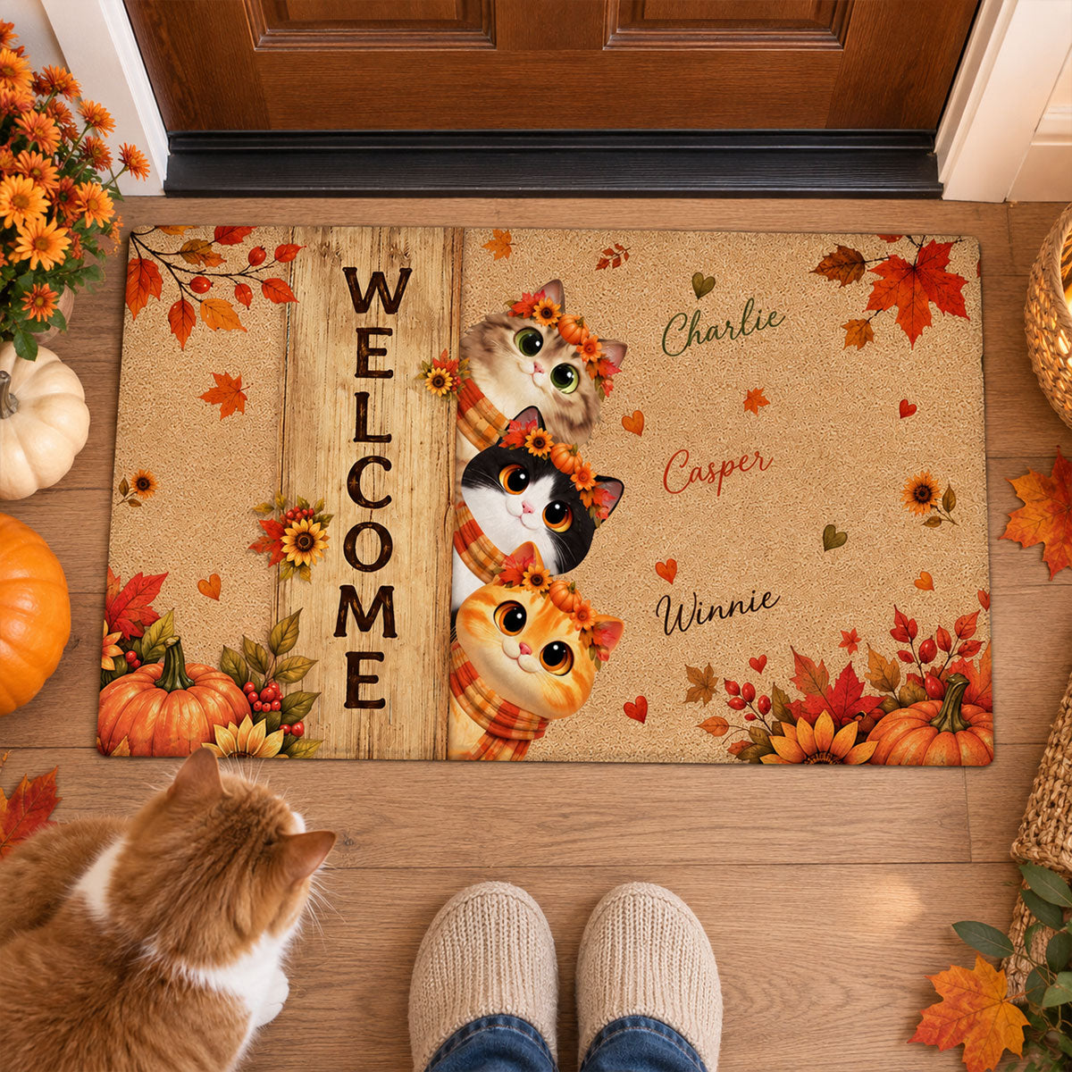 Cozy Fall Cat Welcome - Personalized Doormat - Fall Season Decoration