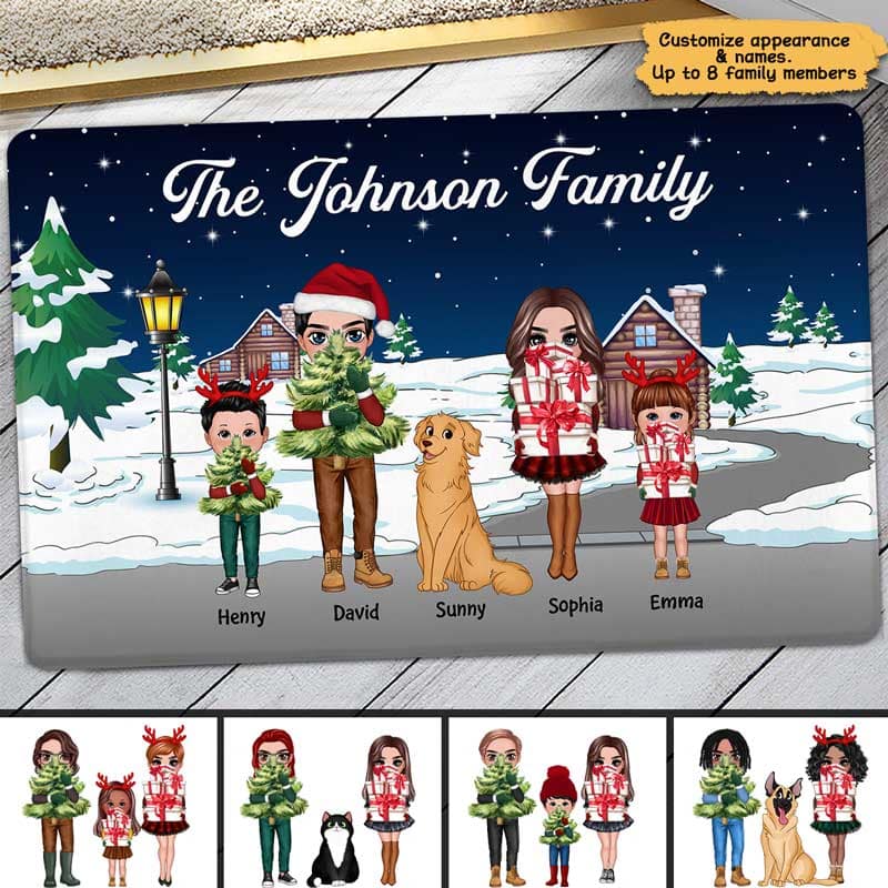 Doll Family Holding Christmas Things Personalized Doormat